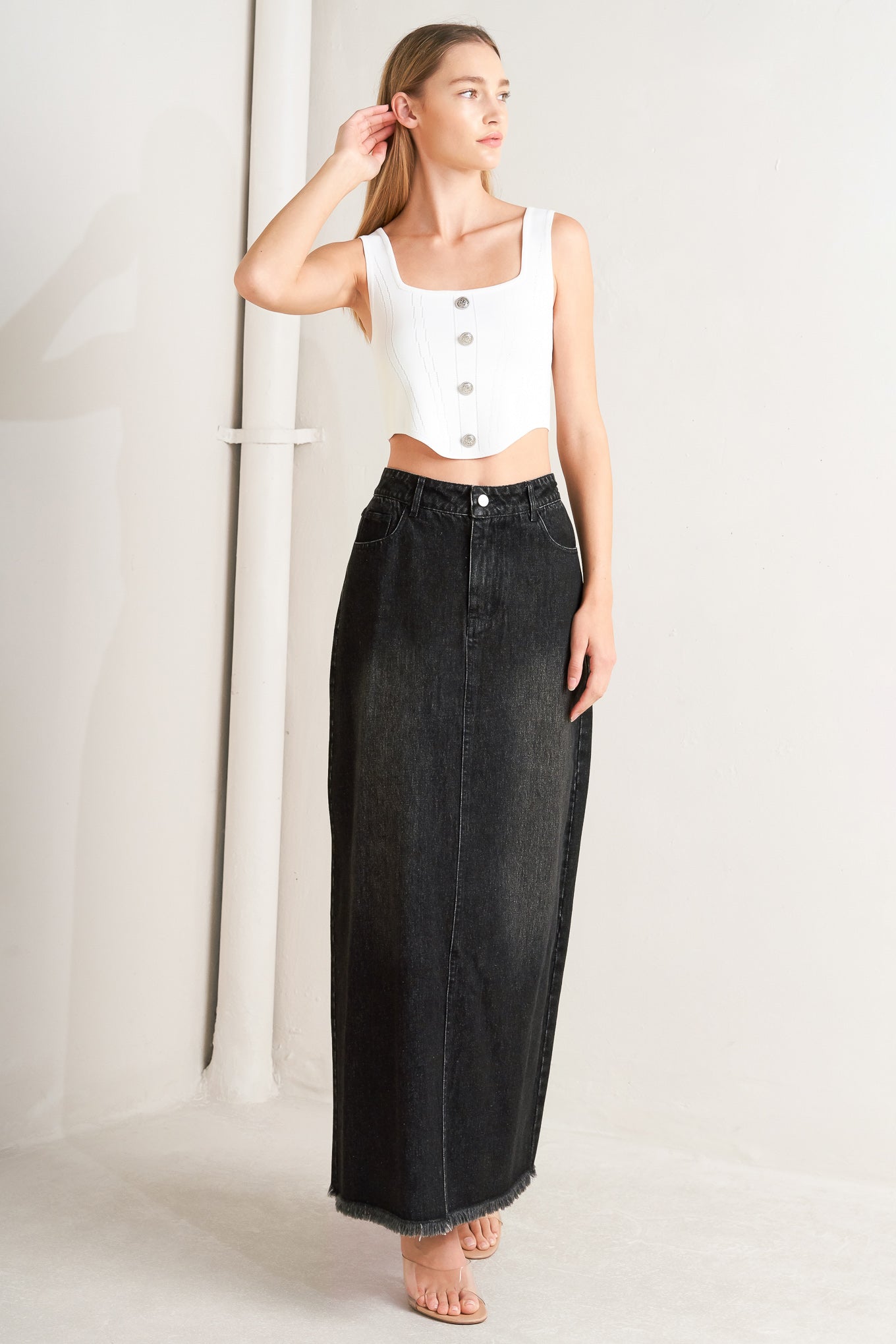 Talk About Beauty Denim Midi Skirt Frayed Hem Front Closure Flying Tomato